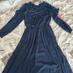 Elegant Navy Blue Dress with Lace and Pearl Details